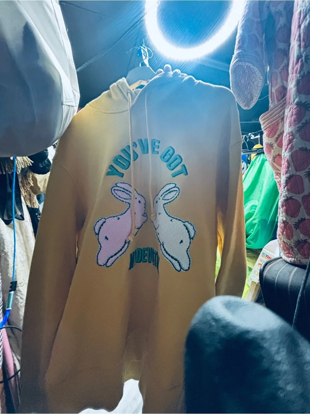 Gucci Yellow Turtleneck Hoodie with Pink and White Bunny Motifs